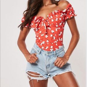 Red Ditsy Floral Print Milkmaid Bodysuit